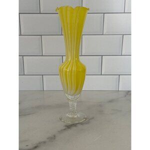 Vintage 8" Yellow Swirl Glass Vase With Scalloped Rim Clear Glass Base